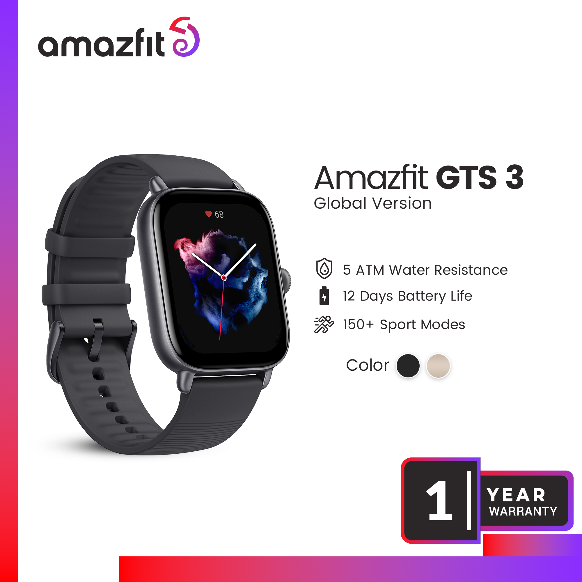 Amazfit GTS 3 Smart Watch - (1Year Official Warranty)-Graphite