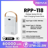 REMAX RPP-118 Piloteer Series 80000mAh PD+QC Fast Charging Power bank (PD 27W+QC 22.5W) - White