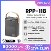 REMAX - RPP-118 Piloteer Series 80000mAh PD+QC Fast Charging Power bank (PD 27W+QC 22.5W) - Grey