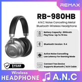 REMAX - RB-980HB ANC Noise Cancelling Bluetooth Wireless Headphone - Black