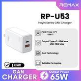 REMAX - RP-U53 Hoyin Series PD+QC GAN Charger (65W) - White