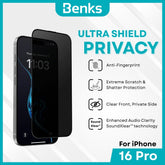 BENKS - Ultra Shield Privacy Screen Protector - IPhone 16 Pro (Black)