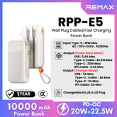 REMAX - RPP-E5 10000mAh PD+QC Fast Charging Cabled Power Bank (PD20W+QC22.5W) - White