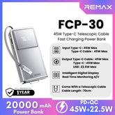 REMAX - FCP-30 20000mAh Type-C Scalable Cable Fast Charging Cabled Power Bank ( PD45W ) - Silver