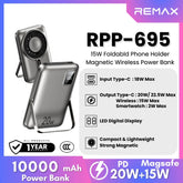 REMAX - RPP-695 10000mAh 3 in 1 Folding Holder Magnetic Wireless Charging Power Bank (PD20W/22.5W, Magsafe15W) - Grey
