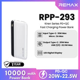 REMAX RPP-293 Kiren Series 10000mAh PD+QC Fast Charging Power Bank(PD 20W+QC 22.5W) - White