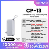 REMAX - CP-13 10000mAh Wall Plug Fast Charging Cabled Power Bank ( PD20W+QC22.5W ) - SIlver