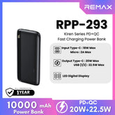 REMAX RPP-293 Kiren Series 10000mAh PD+QC Fast Charging Power Bank(PD 20W+QC 22.5W) - Black
