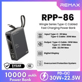 REMAX - RPP-86 10000mAh Wingle Series Type-C Cabled Fast Charging Power Bank (PD30W+QC22.5W) - Grey