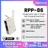 REMAX - RPP-86 10000mAh Wingle Series Type-C Cabled Fast Charging Power Bank (PD30W+QC22.5W) - Beige