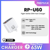REMAX - RP-U60 Figen Series 65W Gan Folding Charger (2 Type C + 1 USB) - White