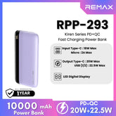 REMAX RPP-293 Kiren Series 10000mAh PD+QC Fast Charging Power Bank(PD 20W+QC 22.5W) - Purple