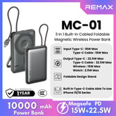REMAX - MC-01 10000mAh 3 In 1 Cabled Foldable Magnetic Wireless Charging Power Bank (PD22.5W+Magsafe15W) - Grey