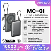 REMAX - MC-01 10000mAh 3 In 1 Cable Foldable Magnetic Wireless Charging Power Bank (PD22.5W+Magsafe15W) - Grey