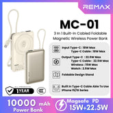 REMAX - MC-01 10000mAh 3 In 1 Cabled Foldable Magnetic Wireless Charging Power Bank (PD22.5W+Magsafe15W) - Silver