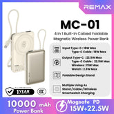 REMAX - MC-01 10000mAh 3 In 1 Cable Foldable Magnetic Wireless Charging Power Bank (PD22.5W+Magsafe15W) - Silver
