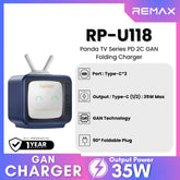 REMAX - RP-U118 PANDA TV Series PD+ QC 2C Gan Folding Charger (35W) - Blue