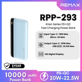 REMAX RPP-293 Kiren Series 10000mAh PD+QC Fast Charging Power Bank(PD 20W+QC 22.5W) - Blue