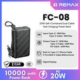 REMAX - FC-08 10000mAh Self-contained dual fast charging cable Power bank ( PD20W) - Black