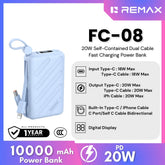 REMAX - FC-08 10000mAh Self-contained dual fast charging cable Power bank ( PD20W) - Blue