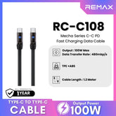 100W ( C to C )-REMAX RC-C108 C-C Mecha Series 100W Type-C to Type-C Fast Charging Data Cable - Black