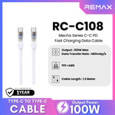 100W ( C to C )-REMAX RC-C108 C-C Mecha Series 100W Type-C to Type-C Fast Charging Data Cable - White