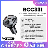 REMAX - RCC331 Lodi Series Call/FM Player Fast Car Charger (64.5W) - Black