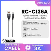REMAX - RC-C136A Lyoncal Series USB to Type-C Fast Charging Data Cable ( 3A ) - Black
