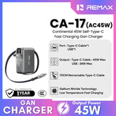 REMAX - CA-17 Continental 45W Retractable Type-C Cable Fast Charging Gan Charger - Tarnish