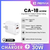 REMAX - CA-18 AC30W King Gallium Nitride Folding Travel Charger - White