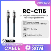 REMAX - RC-C116 C-L Intelyelec Series Type-C to Lightning Fast Charging Auto Power Off Charging Data Cable ( 30W ) - Blue