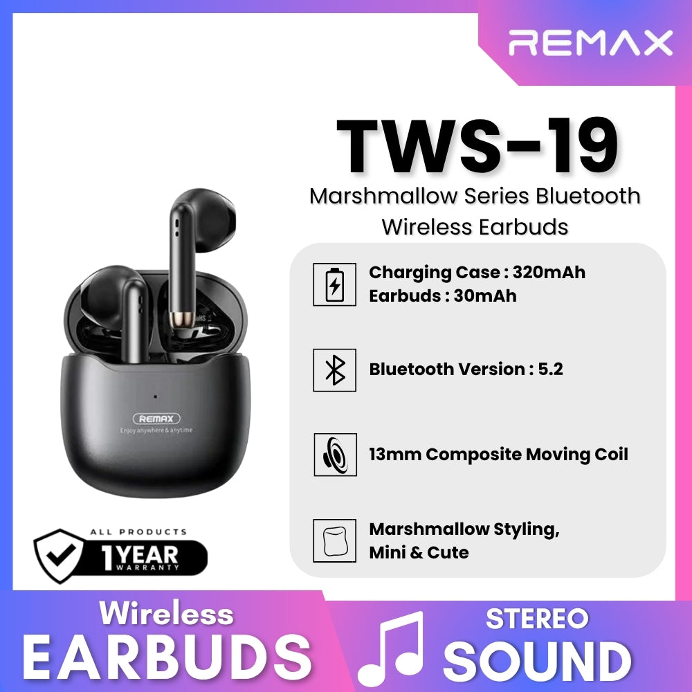 REMAX TWS-19 Marshmallow Series Wireless Bluetooth Earbuds Black