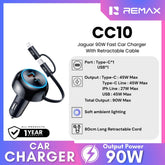 REMAX - CC10 Jaguar 90W Fast Car Charger with Retractable Cable - Black