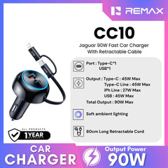 REMAX - CC10 Jaguar 90W Fast Car Charger with Retractable Cable - Black