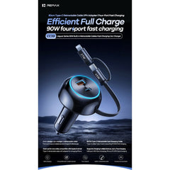 REMAX - CC10 Jaguar 90W Fast Car Charger with Retractable Cable - Black