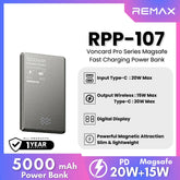 REMAX - RPP-107 Vocard Pro Series 5,000mAh PD Magnetic Wireless Power Bank(PD 20W) - Grey