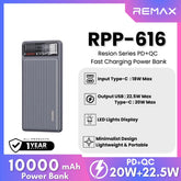 REMAX - RPP-616 Resion Series 10000mAh PD+QC Fast Charging Power Bank(PD 20W+QC 22.5W) - Grey