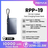REMAX - RPP-19 10000mAh PD+QC Cabled Power Bank (20W+22.5W) - Blue