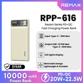 REMAX - RPP-616 Resion Series 10000mAh PD+QC Fast Charging Power Bank(PD 20W+QC 22.5W) - White