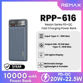 REMAX - RPP-616 Resion Series 10000mAh PD+QC Fast Charging Power Bank(PD 20W+QC 22.5W) - Blue