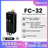 REMAX - FC-32 30000mAh Cynlle Series 22.5W Fast Charging Cabled Power Bank - Black