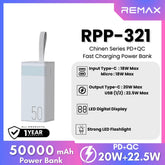 REMAX RPP-321 Chinen Series 50000mAh PD+QC Fast Charging Power Bank(PD 20W+QC 22.5W) - White