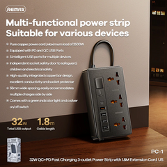 REMAX - PC-1 PD+QC Fast Charging Power Strip (32W) - Black