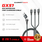 GADGET MAX - GX57 Ace Series A+C-M+C+L 6 In 1 Fast Charging Data Cable ( 100W ) - Grey
