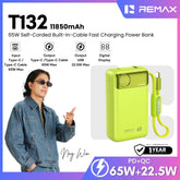REMAX - T132 11850mAh Built-In-Cable Fast Charging Power Bank ( PD65W + QC22.5W ) - Green
