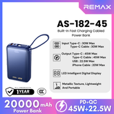 REMAX - AS-182-45 20000mAh 45W Built-In Fast Charging Cabled Power Bank - Blue