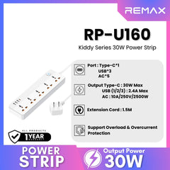 REMAX RP-U160 Kiddy Series 5-Outlet Power Socket(30W 3A1C) - White