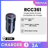 REMAX RCC361 Tangee Series 3A Multi-Compatible Car Charger(1USB+1PD) - Black