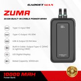 GADGET MAX - ZUMA 10000mAh PD+QC Built-In Cable Fast Charging Power Bank (20W+22.5W) - Black