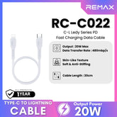 REMAX - RC-C022 C-L Ledy Series Type-C to Lightning PD Fast Charging Data Cable (20W) - White
